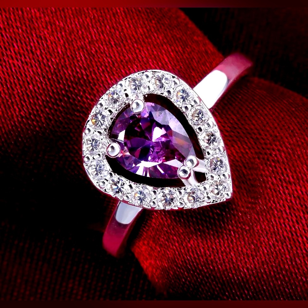 Womens Elegant 925 Sterling Silver Plated Purple Waterdrop CZ Band Ring Size 7